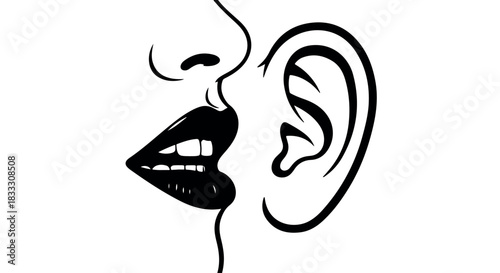 Abstract minimalist graphic showing a face with focus on the ear, mouth, and nose in black and white