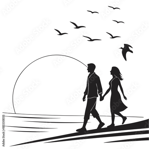 black vector illustration of a couple walking together on a beach against a large setting sun, flying birds, long shadows, romantic flat silhouette style