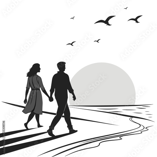 black vector illustration of a couple walking together on a beach against a large setting sun, flying birds, long shadows, romantic flat silhouette style