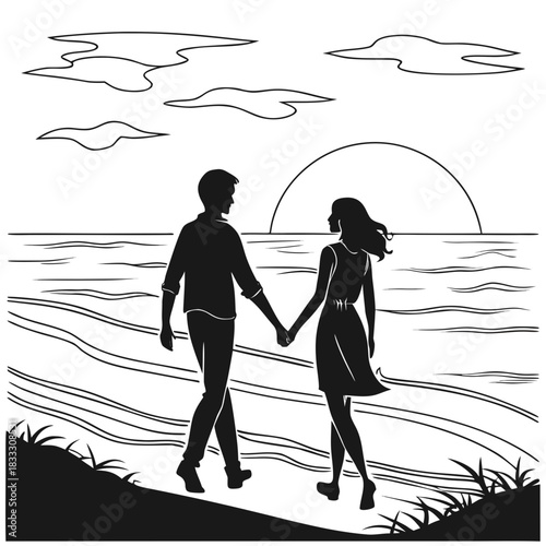 black vector couple walking barefoot on wet sand near gentle ocean waves, reflections on the ground, simple monochrome silhouette style