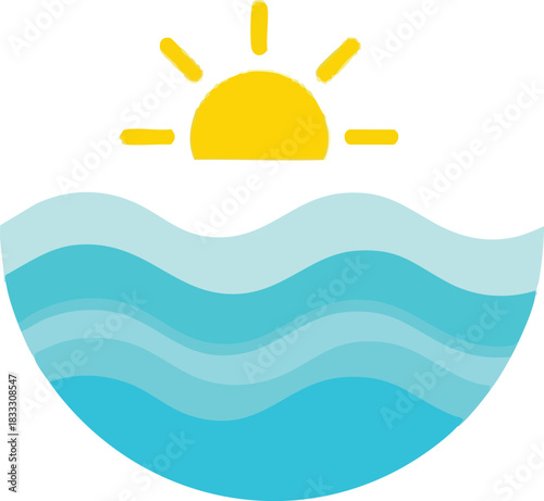 Summer Seaside Sun, Waves, and Endless Blue Horizon in Minimalist Icon Art