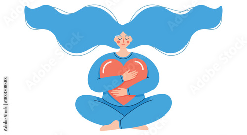 Bluehaired Woman Meditating and Holding a Heart to Her Chest, Illustrating the Importance of Selflove and Wellness