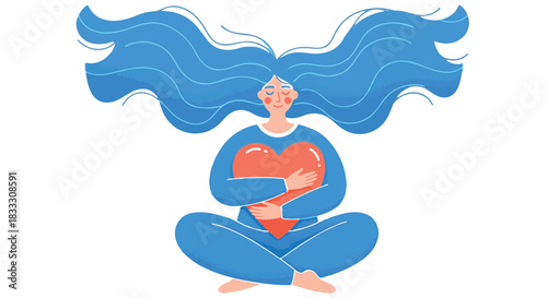 Woman embracing love, woman with blue hair sitting crosslegged and hugging a red heart, selflove concept
