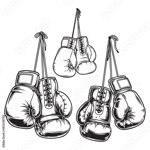 Set of pairs hanging boxing gloves vector illustration