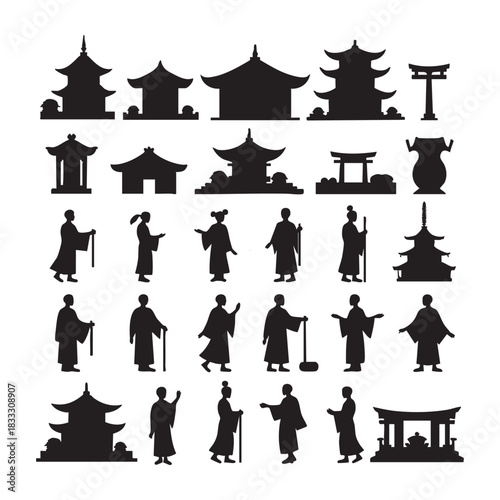 Japanese cultural silhouette icons including temples lanterns sushi and kimonos with modern flat design on white background