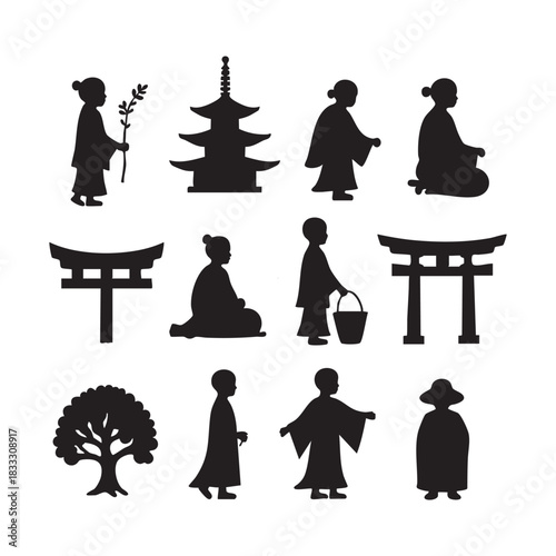 Minimal Japanese culture icon set featuring traditional symbols and clean vector style