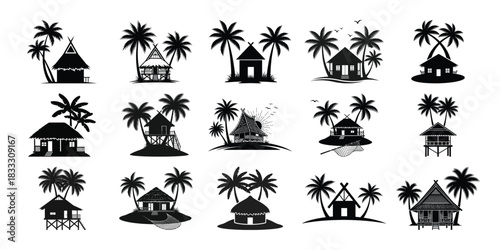 Silhouette collection of tropical huts with palm trees on white background