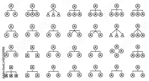 A Variety of Organizational Chart Structures Depicted in Black and White, Displaying Hierarchies, Networks, and Team Compositions