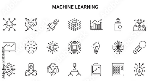 Machine Learning Icon Set Representing Artificial Intelligence, Data Analytics, and Technology Innovation in Outline Style