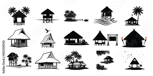 Silhouette set of tropical houses and huts in various styles
