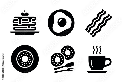 Black and white breakfast icons including pancakes egg bacon donuts