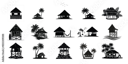 Set of tropical bungalow silhouette illustrations for travel and vacation designs