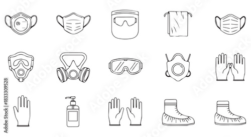 Collection of black and white line art icons representing various personal protective equipment ppe items isolated on transparent background