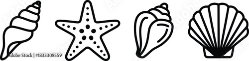 Sea Shell and Starfish Line Art Icons.