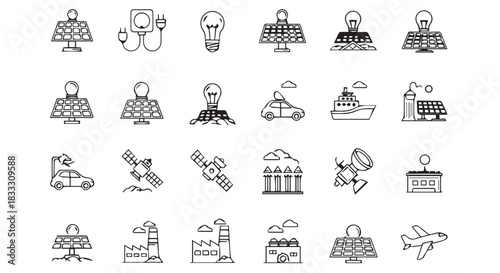 Collection of black and white line icons representing solar energy applications, technology, transportation, and infrastructure isolated on transparent background