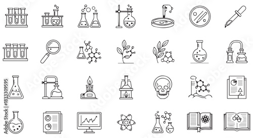 Collection of black and white line art icons representing various chemistry and science laboratory equipment and concepts, isolated on transparent background