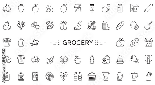 A collection of distressed, black and white grocery store food and shopping icons in a grid layout, isolated on transparent background