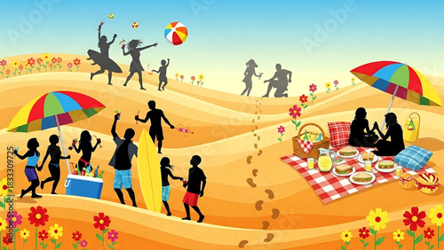 Happy Summer Day: People Enjoying Activities on the Beach with Picnic