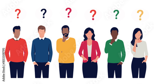 Diverse group of six people standing with question marks above their heads, symbolizing confusion or inquiry, isolated on transparent background
