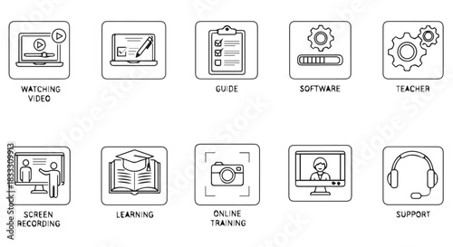 Collection of ten black and white line art icons representing various digital learning and software management concepts isolated on transparent background