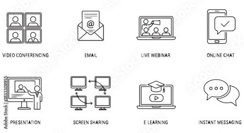 Set of eight black and white line icons representing various digital communication and online meeting functions isolated on transparent background