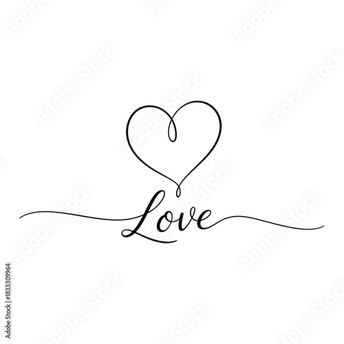 Elegant continuous line drawing of the word 'love' with a heart emblem