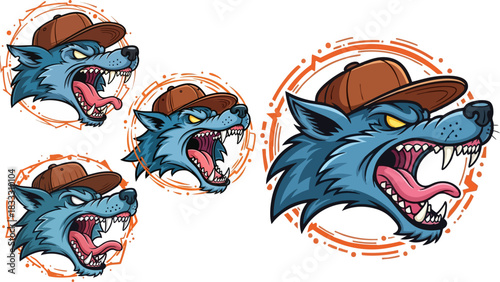 Aggressive wolf mascot wearing a cap with a fierce expression in a cartoon style