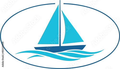 Sailing Boat Emblem in Oval Frame Over Water Waves Illustration