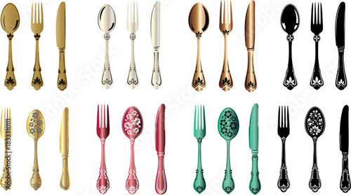 Elegant silverware set featuring ornate designs in gold silver and other colors