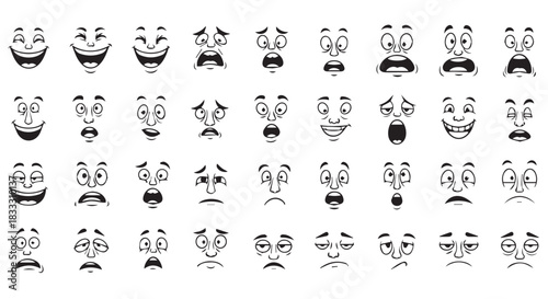 Collection of cartoon face expressions showing various emotions like happiness, sadness, surprise, and anger, isolated on transparent background