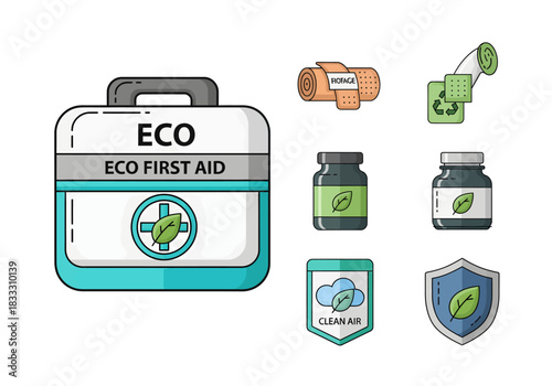 Sustainable health and wellness icons A versatile set of eco-friendly first aid, medicine, and environmental protection symbols for conscious living