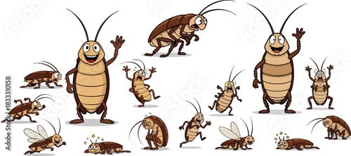 Cartoon cockroaches in various poses against a black background create a fun design