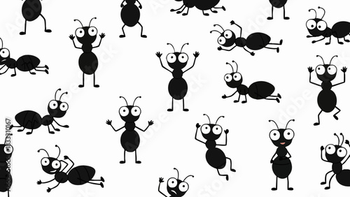 Seamless pattern of cute cartoon ants in various poses on a white background