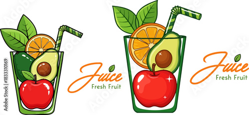 Refreshing fruit juice blend with apple avocado and orange in a vibrant illustration
