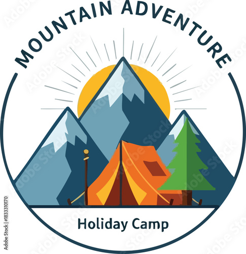 Mountain Adventure Holiday Camp Illustration with Tent and Peaks