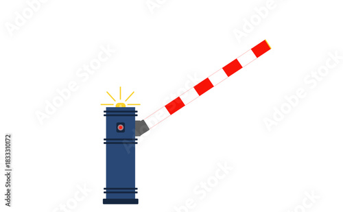 Flat illustration of automatic boom barrier with raised red-white striped arm and flashing warning light, modern parking access control icon