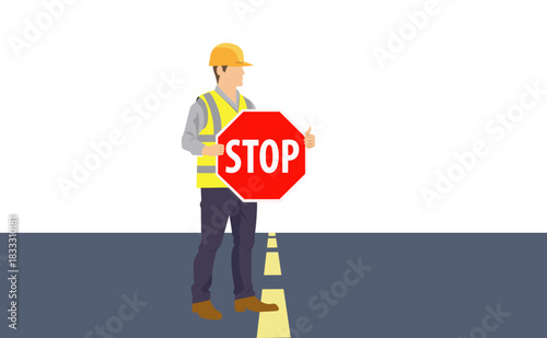 Flat vector illustration of traffic controller in vest holding STOP sign on road centerline, roadworks and lane closure safety concept
