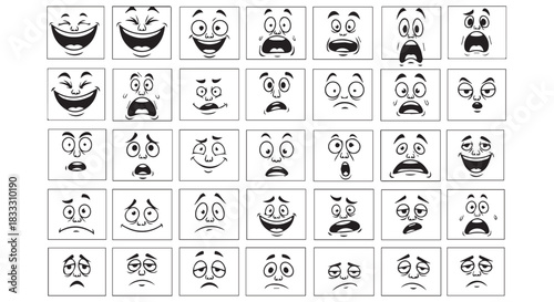 Collection of black and white cartoon face expressions showing various emotions like happiness, sadness, surprise, and fear, isolated on transparent background