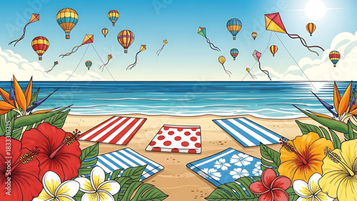 Playful seaside illustration with colorful kites, balloons, and tropical flora