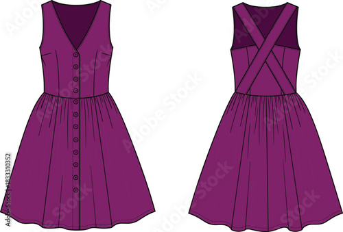Deep Magenta Purple Sleeveless V-Neck Dress Flat Technical Sketch Vector Illustration Front and Back View with Button Placket, Criss-Cross Back Straps, and Gathered Waist, Fashion Design CAD