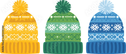Winter Knitted Beanie Hat Vector Illustration Set Featuring Pom-Poms, Nordic Snowflake Patterns, Warm Seasonal Colors, and Cozy Cold-Weather Fashion Elements for Festive Holiday Design