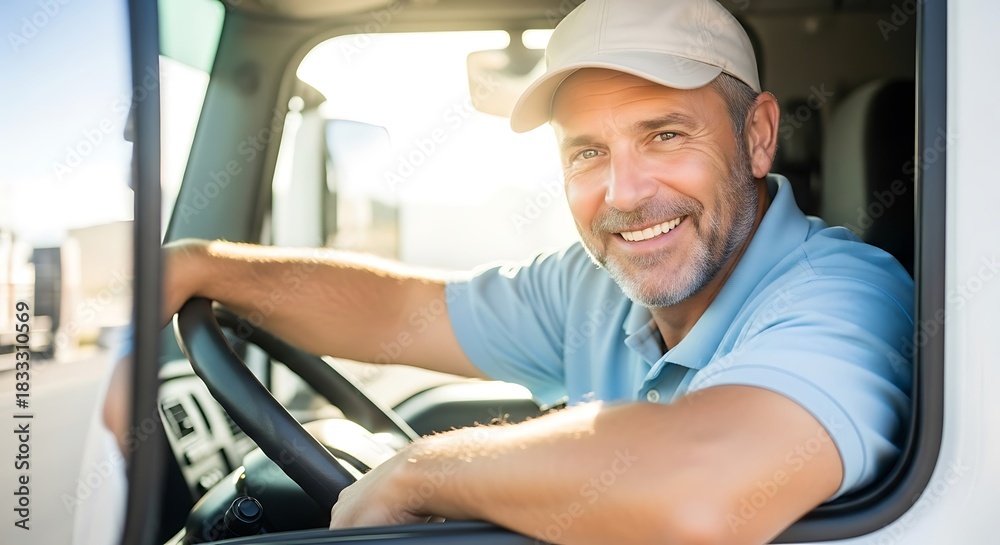 Obraz premium Happy professional truck driver smiling while sitting in the cab of his semitruck on a sunny day, ready for the long haul