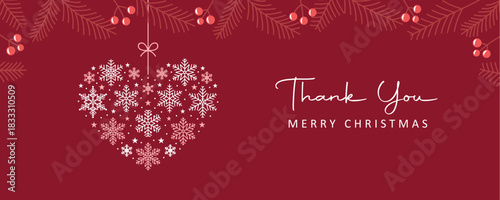 thank you christmas greeting card with heart made of snowflakes vector illustration