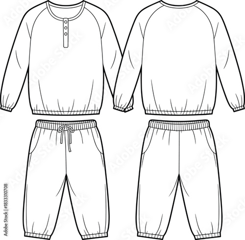 Flat sketches of a two-piece loungewear set with henley top and drawstring pants clothing apparel