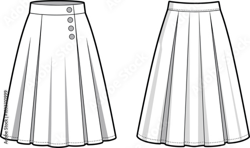 Front and back view of a pleated midi skirt with buttons Keywords: skirt, clothing, apparel, garment, fashion, design