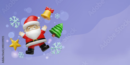 Cute 3d Santa Claus with Christmas elements on a festive purple background. Holiday celebration illustration with a tree, bell, and snowflakes. Winter banner with copy space