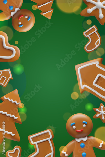 Christmas gingerbread cookies on a festive green background. Vertical holiday illustration with copy space