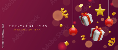Festive Christmas banner with red ornaments, golden confetti, glossy baubles, gift boxes tied with vibrant red ribbons on a burgundy background. For greeting cards, promotions, winter celebrations.