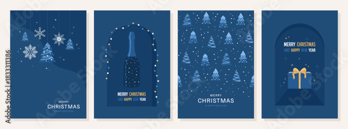 Set of Christmas and New Year greeting cards with holiday design elements in vertical format and dark blue colors. Flat vector illustration