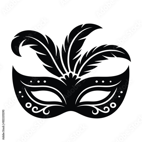 Elegant black venetian masquerade mask with ornate feathers and swirls
